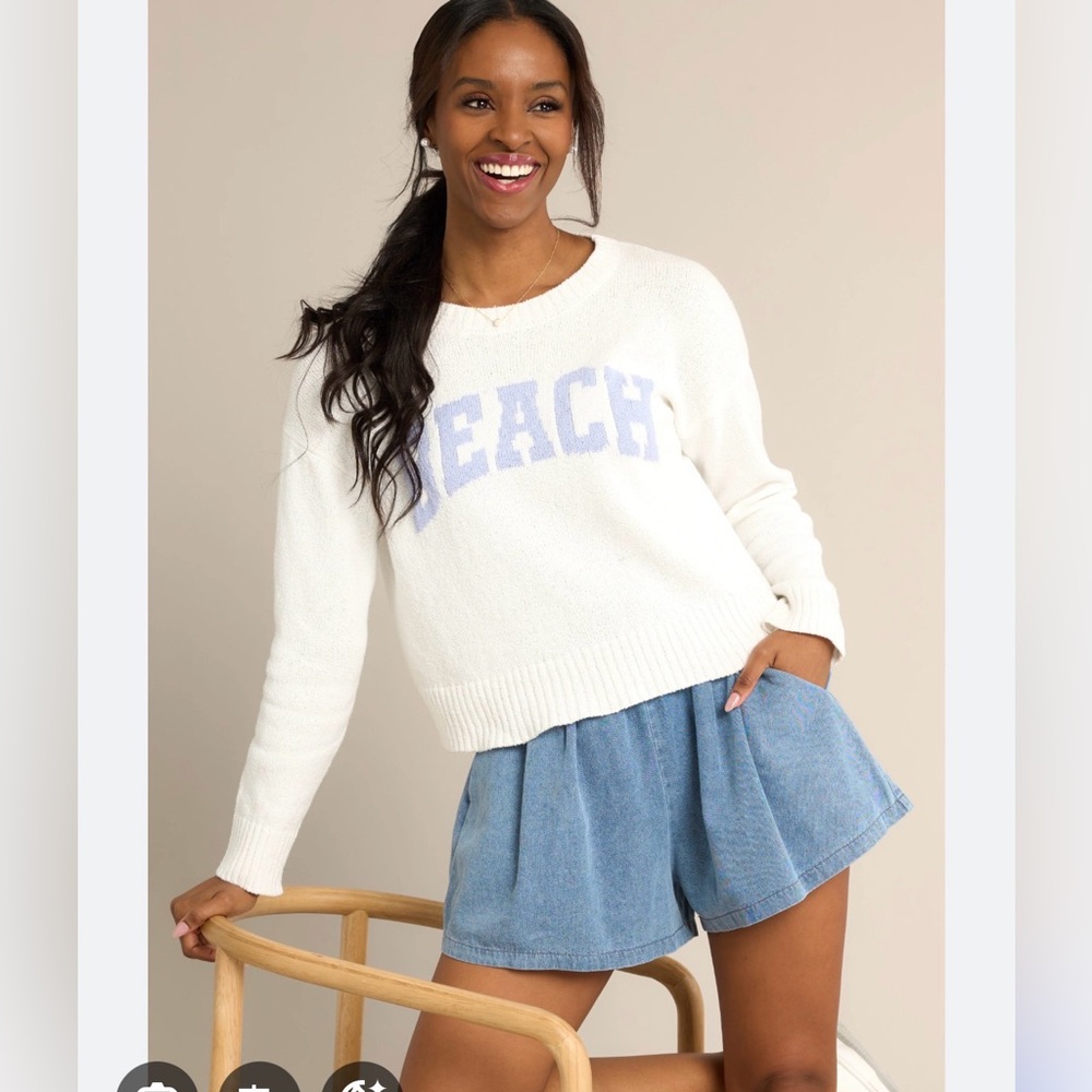 Z Supply Cream Sweater with Light Blue "BEACH" Lettering